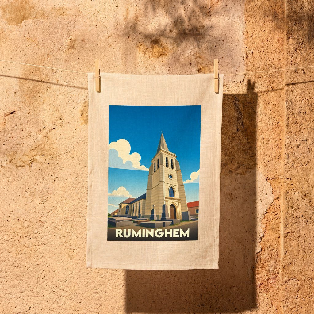 Torchon souvenir de la ville de Ruminghem illustré d'une vue stylisée de son église.