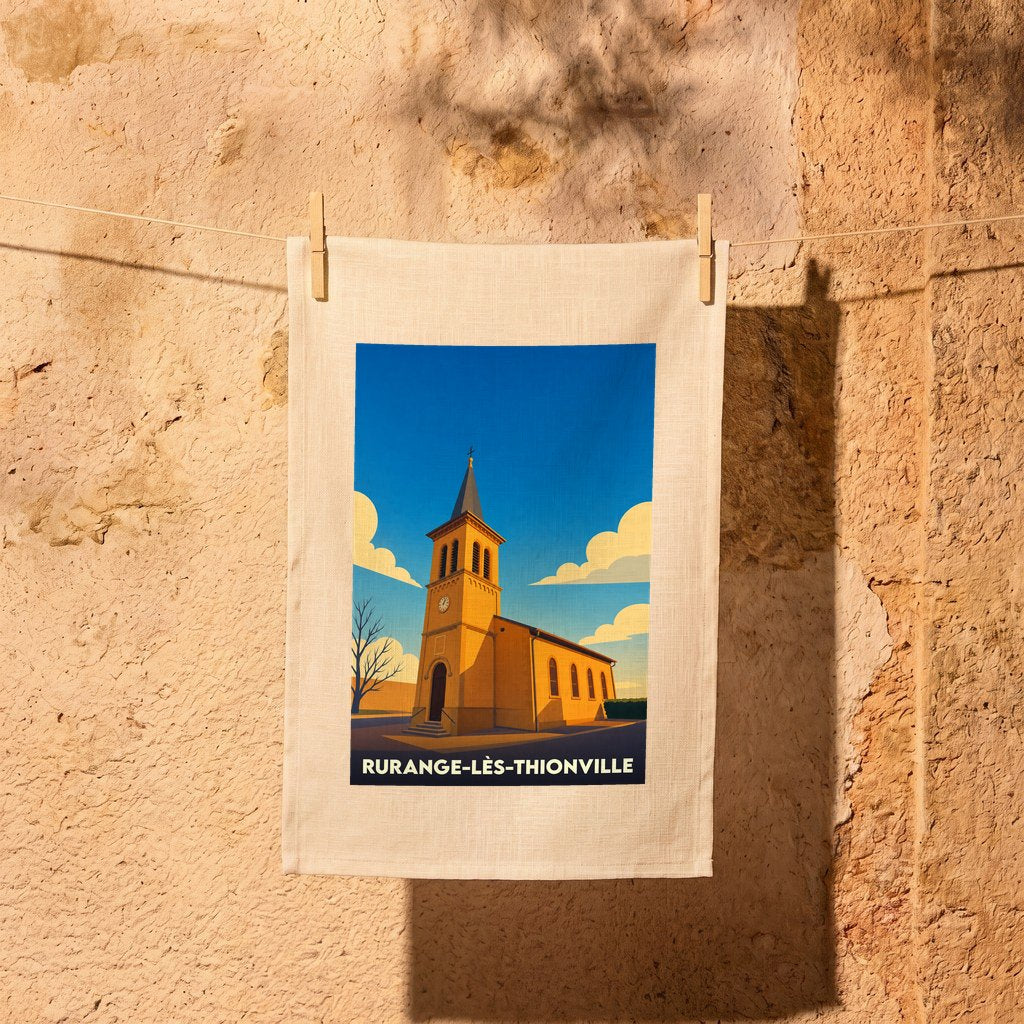 Torchon souvenir de la ville de Rurange-lès-Thionville avec une illustration stylisée de son église.