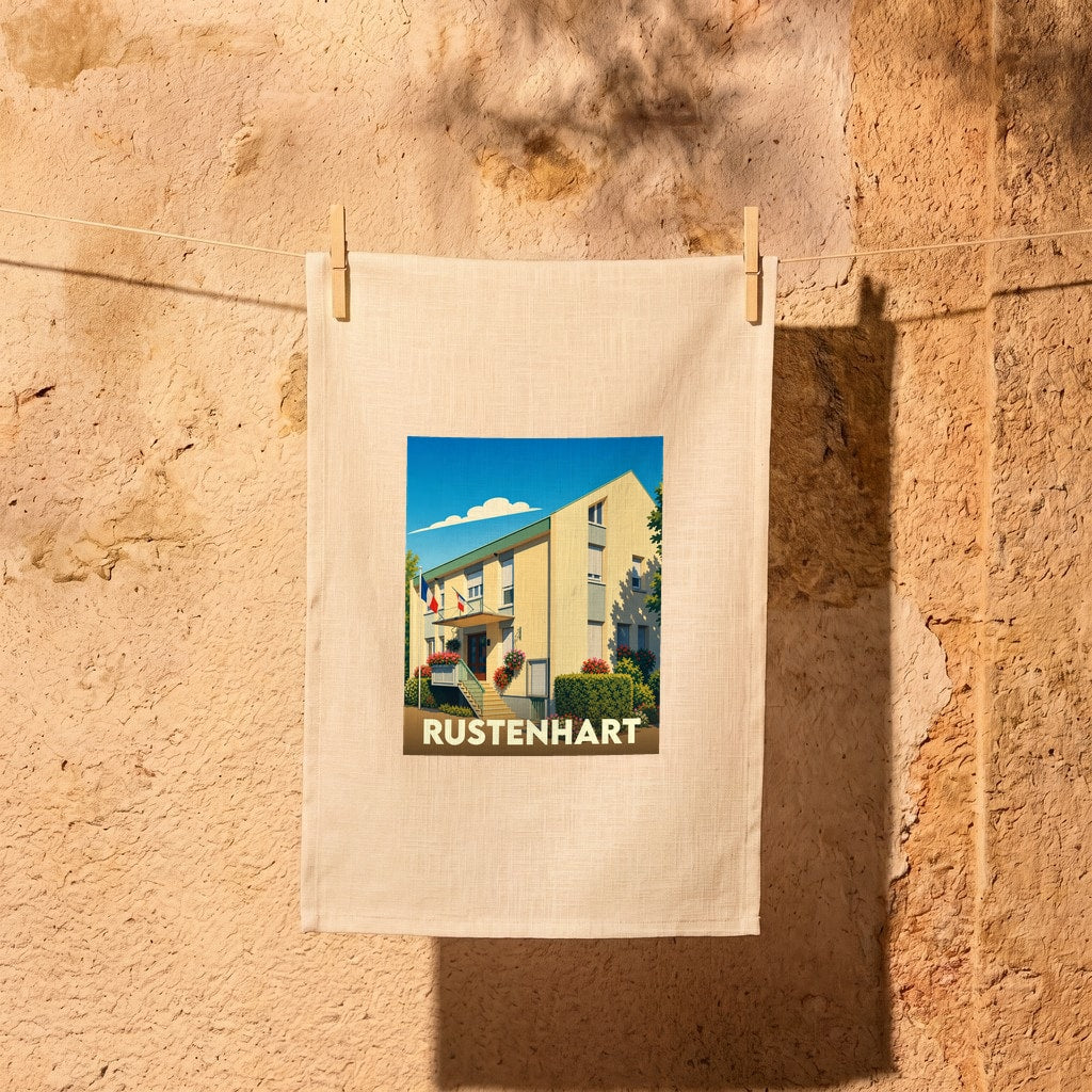 Torchon souvenir de la ville de Rustenhart orné d'une illustration stylisée de sa mairie.