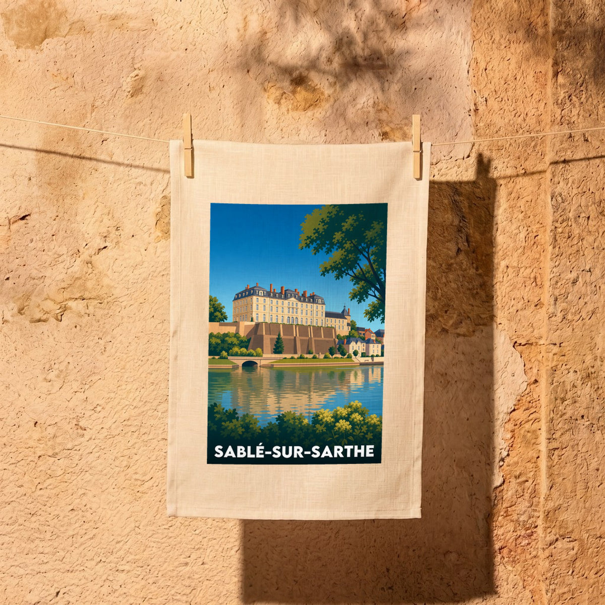 Torchon souvenir de la ville de Sablé-sur-Sarthe avec une illustration stylisée.