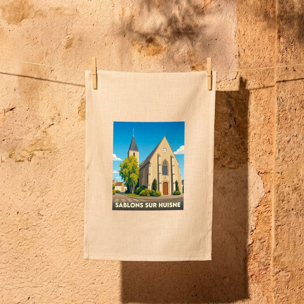 Torchon souvenir de la ville de Sablons sur Huisne avec une illustration stylisée de son église.