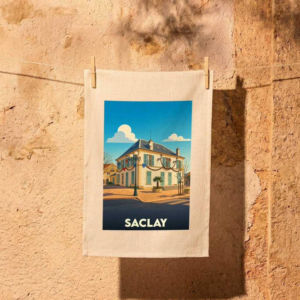 Torchon souvenir de la ville de Saclay avec une illustration stylisée de sa mairie.
