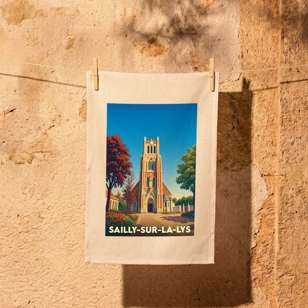 Torchon souvenir de la ville de Sailly-sur-la-Lys avec une illustration stylisée de son église.