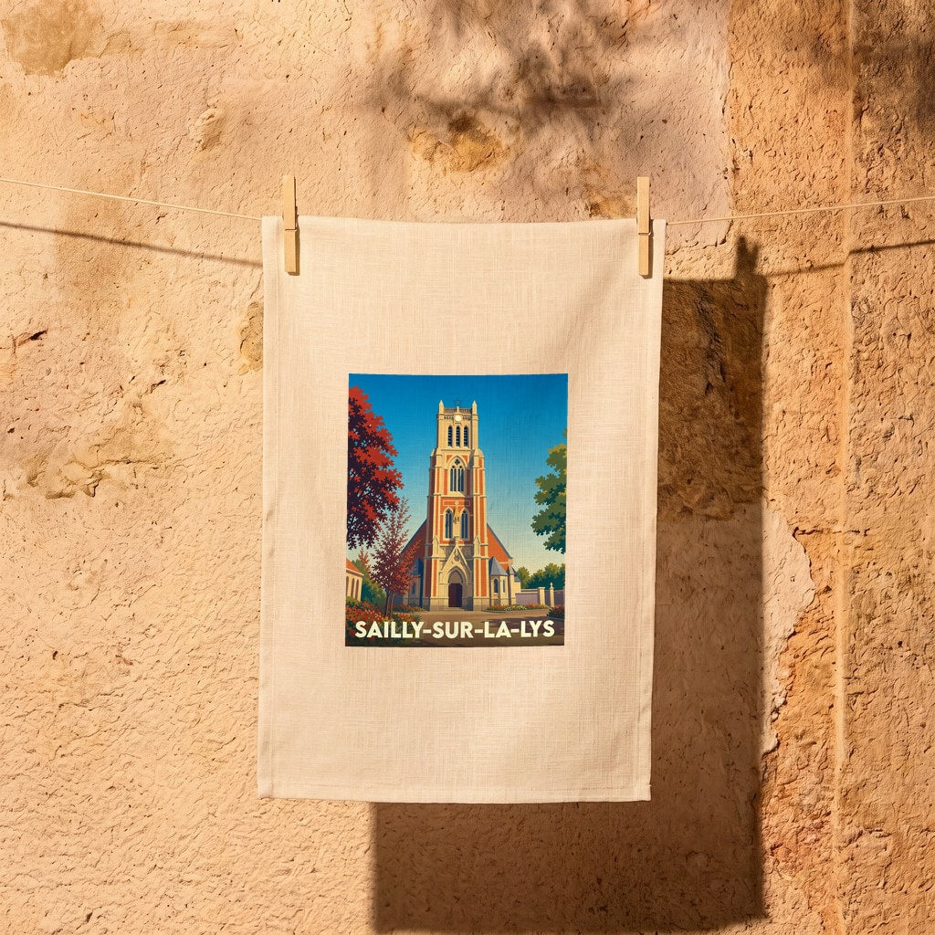 Torchon souvenir de la ville de Sailly-sur-la-Lys avec une illustration stylisée de son église.