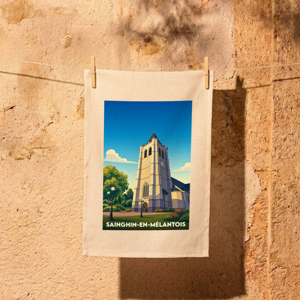 Torchon souvenir de la ville de Sainghin-en-Mélantois avec une illustration stylisée de son église.