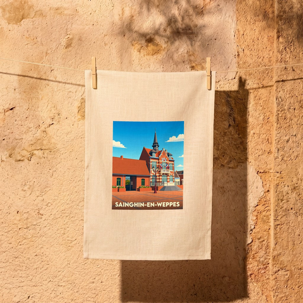 Torchon souvenir de la ville de Sainghin-en-Weppes avec une illustration stylisée de son hôtel de ville.