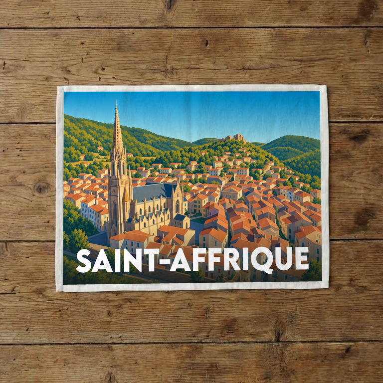 Torchon souvenir de la ville de Saint-Affrique avec une illustration stylisée d'un paysage urbain dominé par son église.
