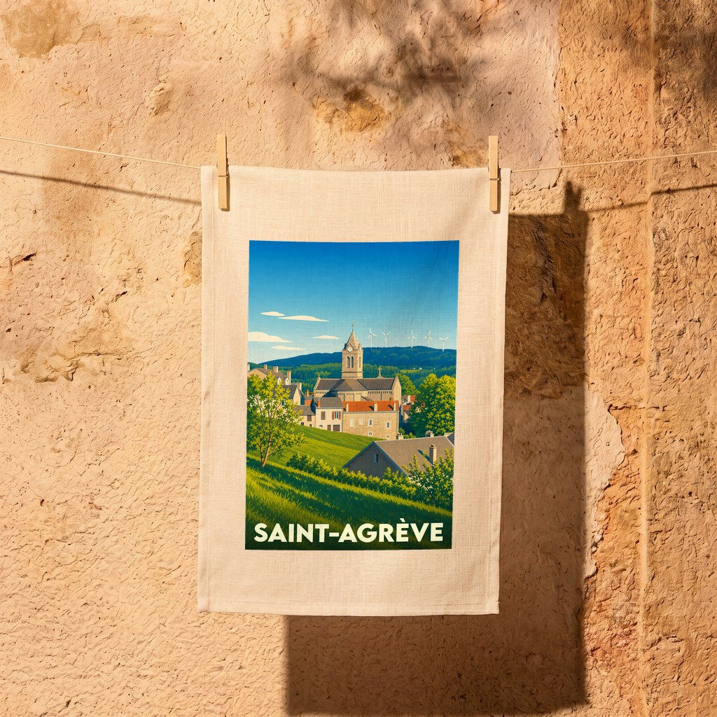 Torchon souvenir de la ville de Saint-Agrève avec une illustration stylisée.