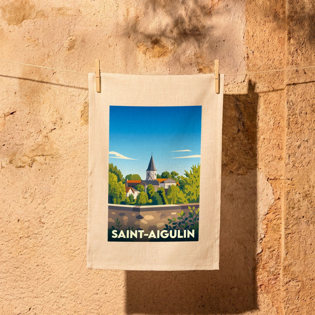 Torchon souvenir de la ville de Saint-Aigulin avec une illustration stylisée.