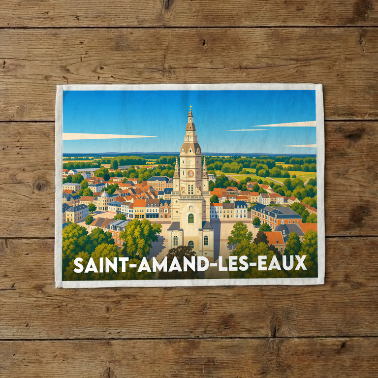 Torchon souvenir de la ville de Saint-Amand-les-Eaux avec une illustration stylisée de son centre historique et de sa tour.