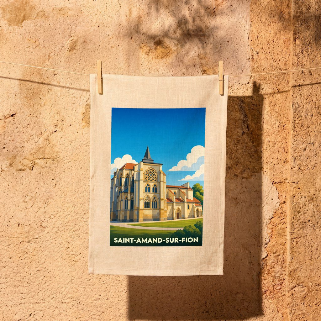 Torchon souvenir de la ville de Saint-Amand-sur-Fion avec une illustration stylisée de son église.