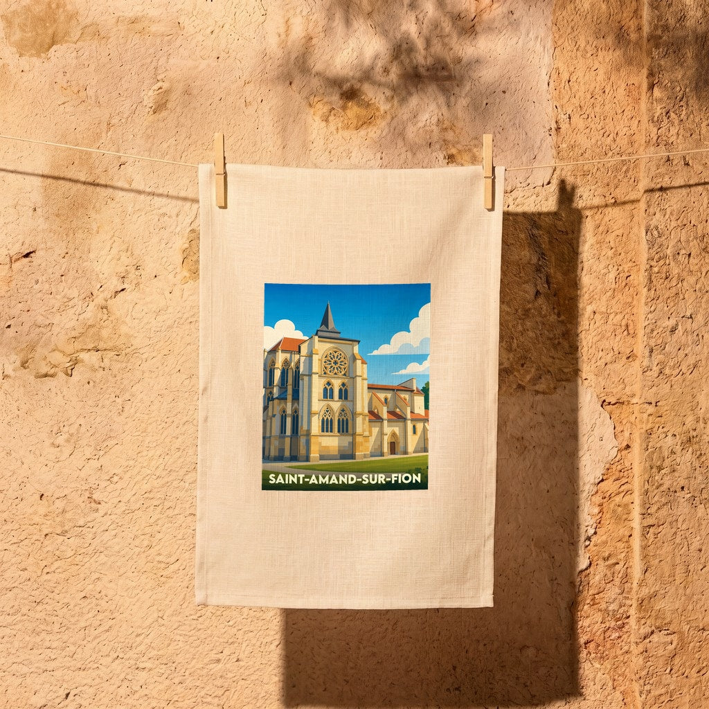 Torchon souvenir de la ville de Saint-Amand-sur-Fion avec une illustration stylisée de son église.
