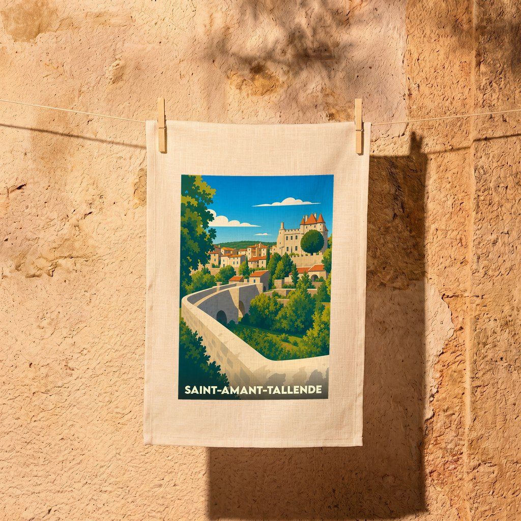 Torchon souvenir de la ville de Saint-Amant-Tallende avec une illustration stylisée d'un pont et d'un château.