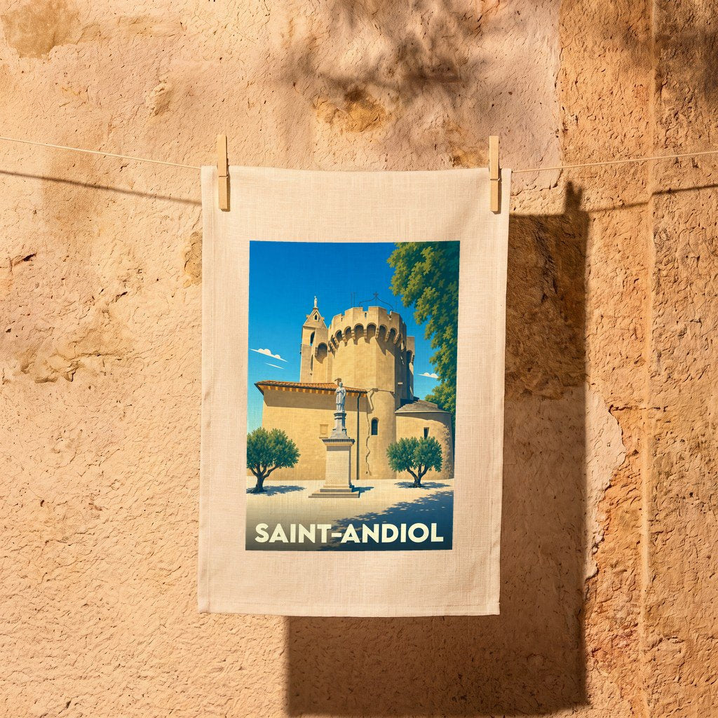 Torchon souvenir de la ville de Saint-Andiol avec une illustration stylisée d'un château provençal.
