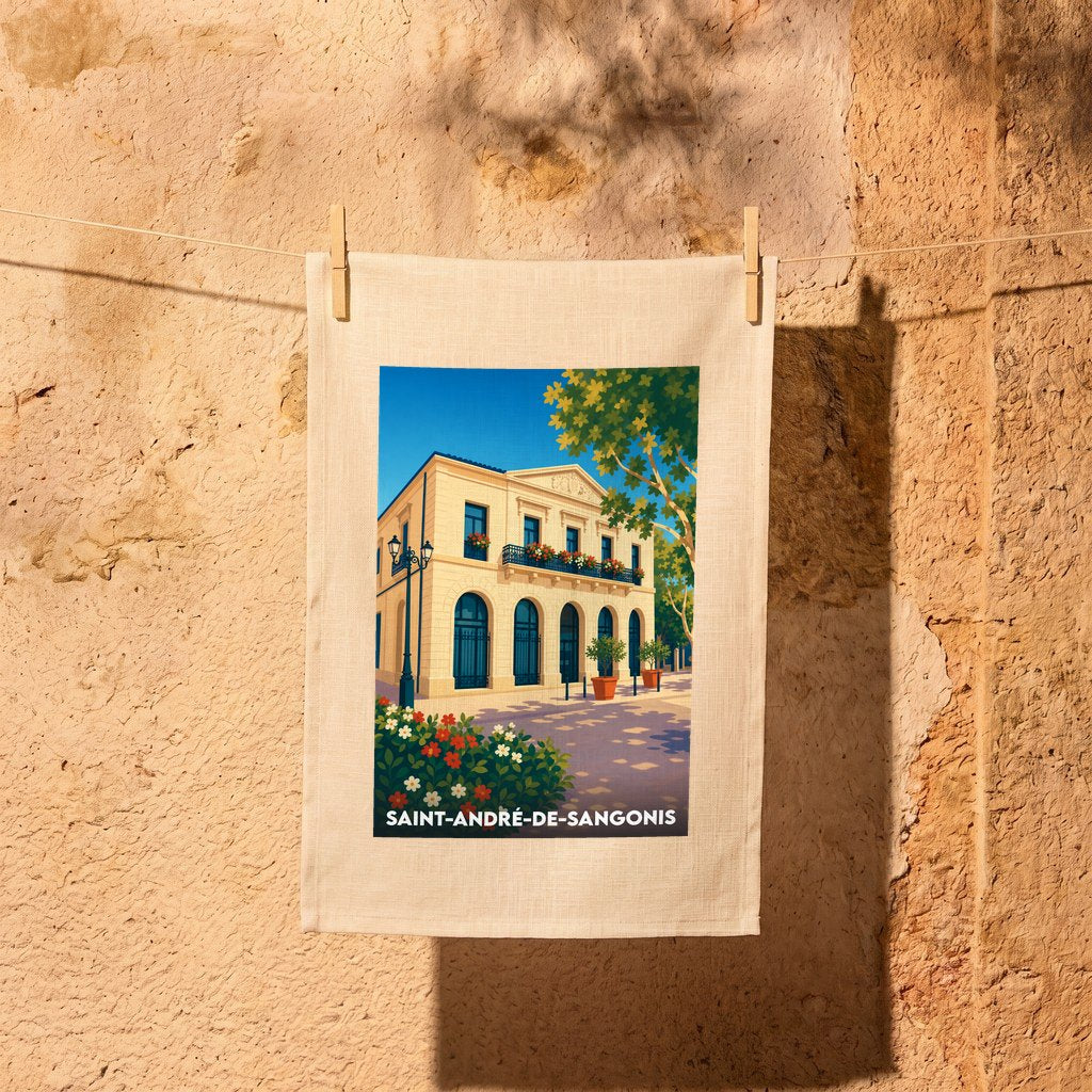 Torchon souvenir de la ville de Saint-André-de-Sangonis avec une illustration stylisée de sa mairie.