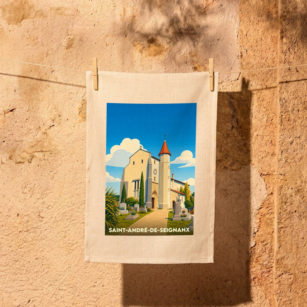 Torchon souvenir de la ville de Saint-André-de-Seignanx avec une illustration stylisée de son église et de son cimetière.