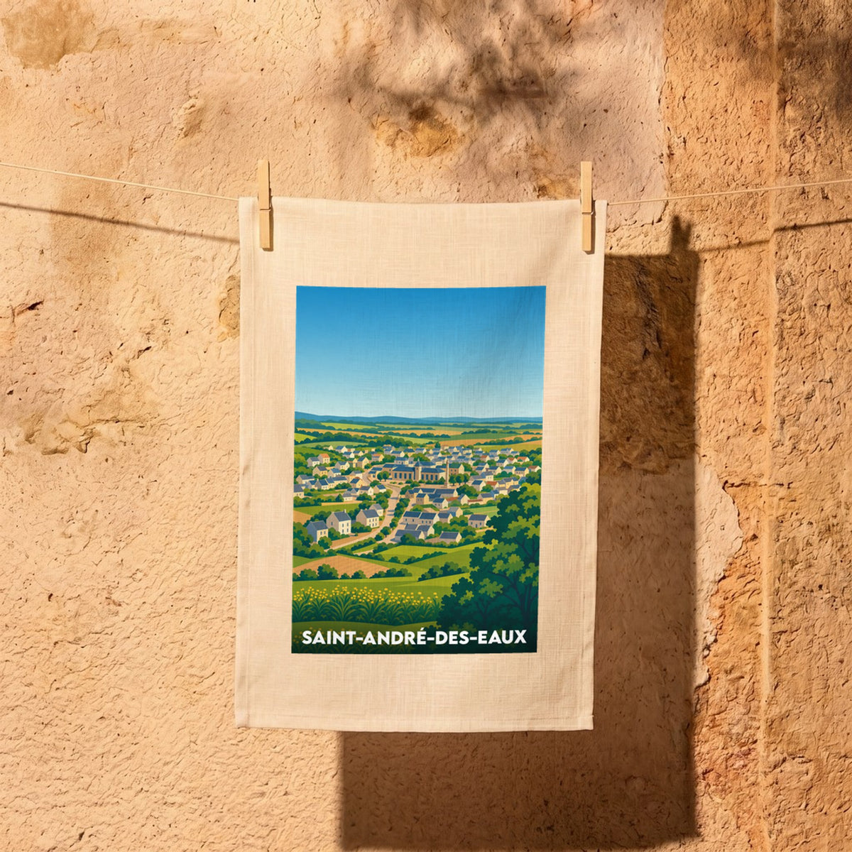 Torchon souvenir de la ville de Saint-André-des-Eaux avec une illustration stylisée du village et de sa campagne environnante.