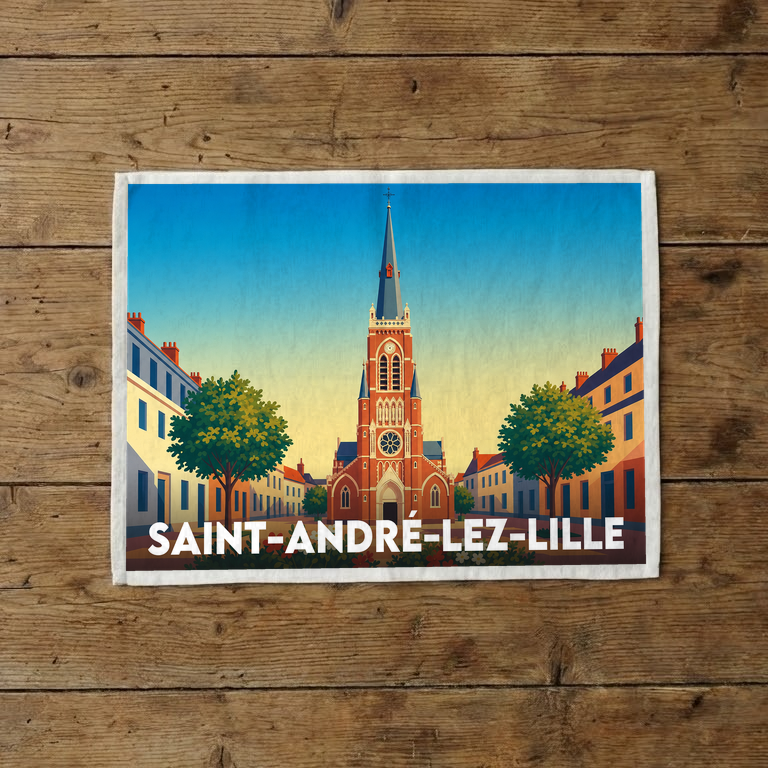 Torchon souvenir de la ville de Saint-André-lez-Lille avec une illustration stylisée de son église centrale.