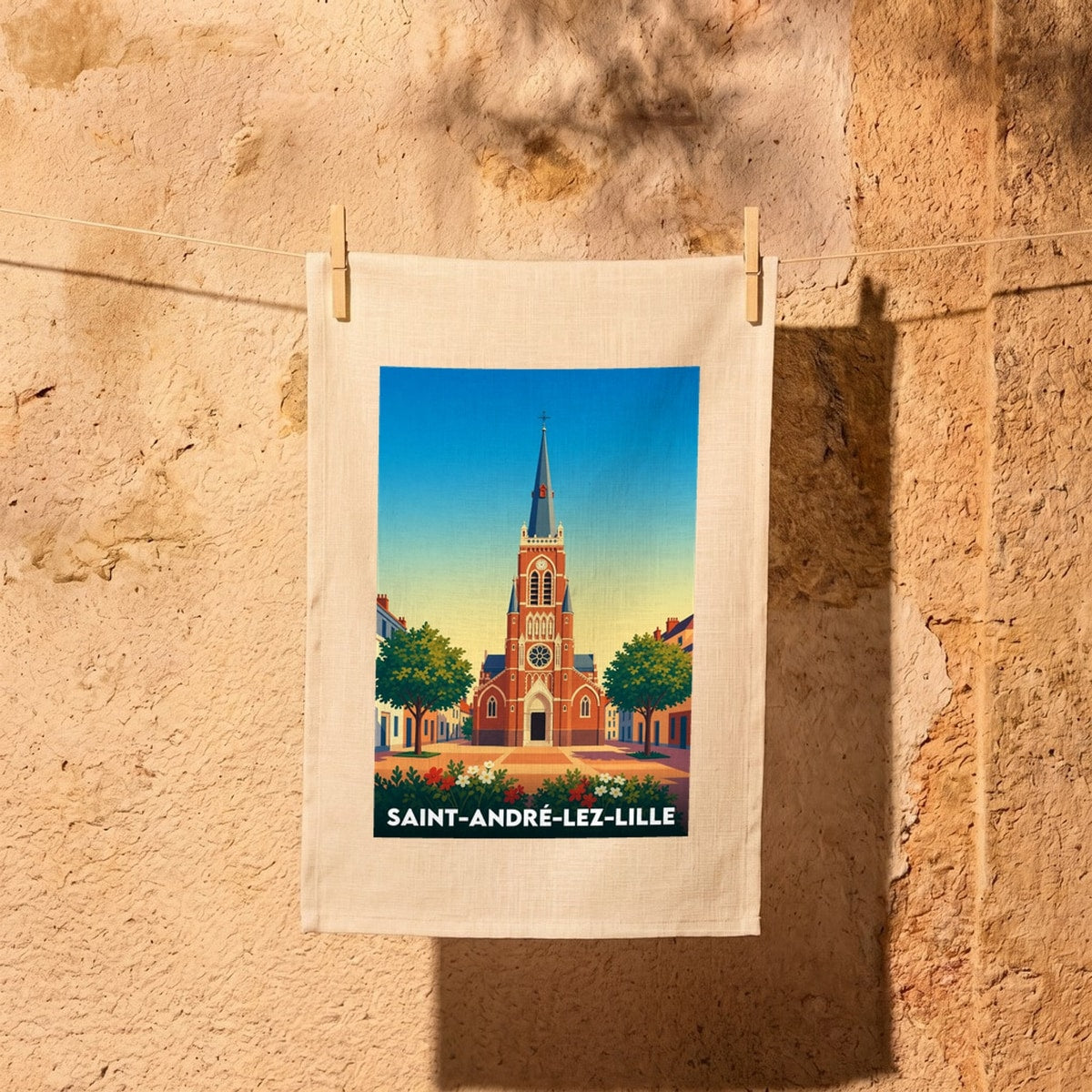 Torchon souvenir de la ville de Saint-André-lez-Lille avec une illustration stylisée de son église centrale.