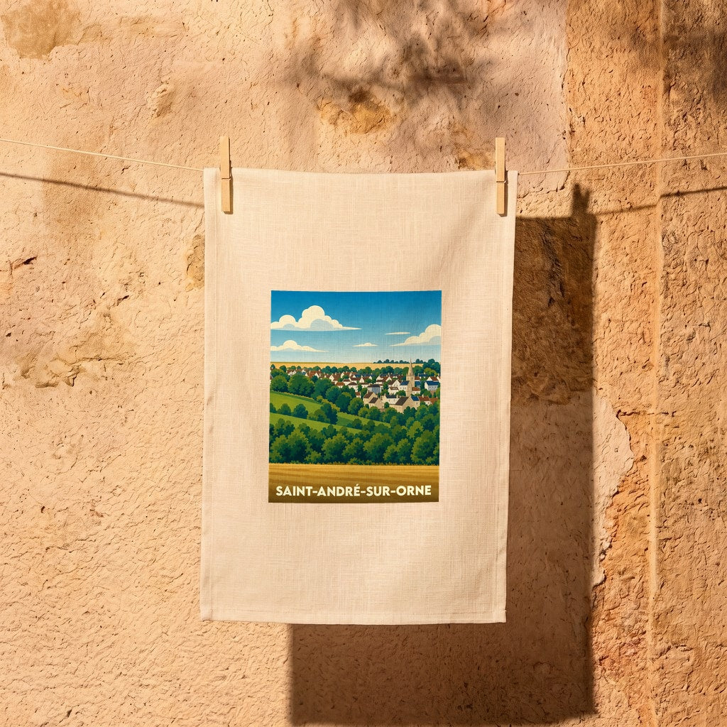 Torchon souvenir de la ville de Saint-André-sur-Orne avec une illustration stylisée de son paysage champêtre.