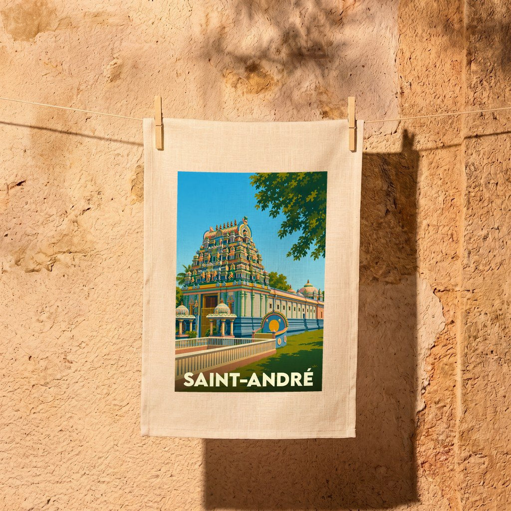 Torchon souvenir de la ville de Saint-André illustrant un temple tamoul coloré sur un fond ensoleillé.