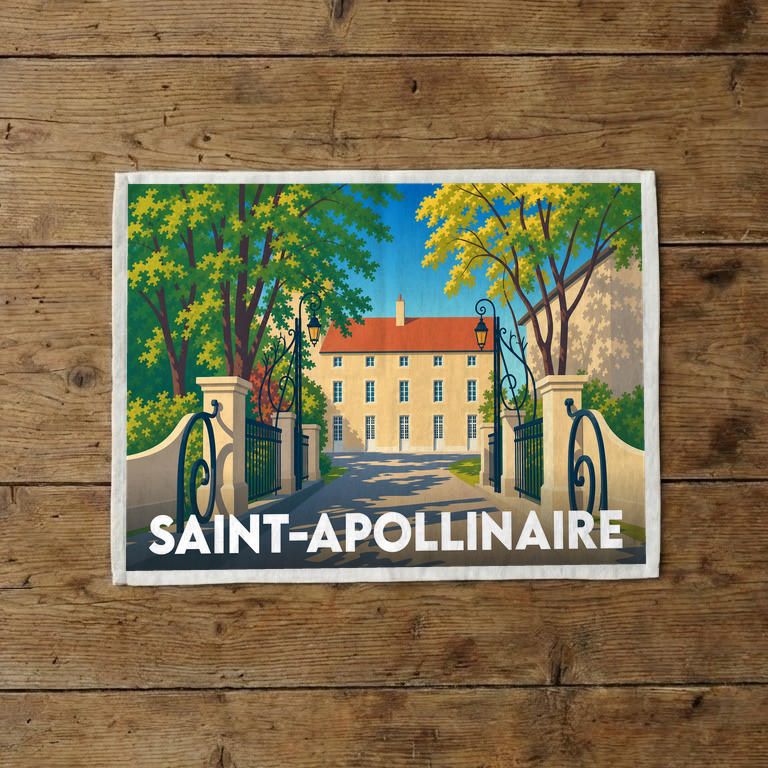 Torchon souvenir de la ville de Saint-Apollinaire avec une illustration stylisée d'une demeure bourgeoise.