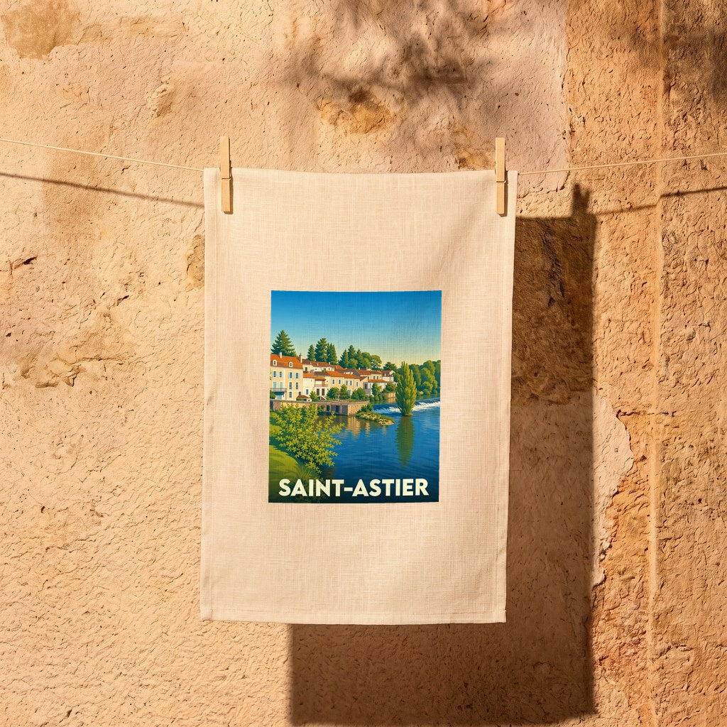 Torchon souvenir de la ville de Saint-Astier avec une illustration stylisée des bords de l'Isle.