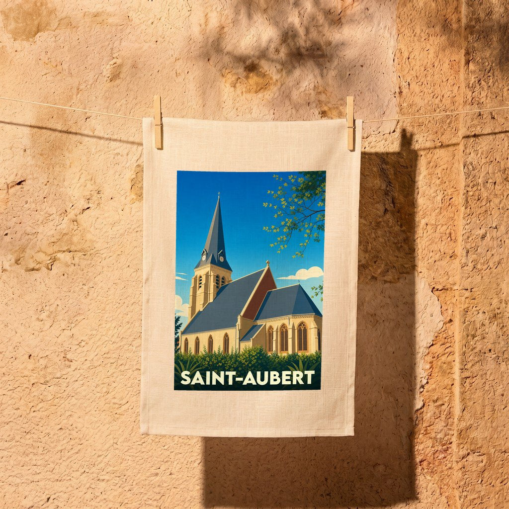 Torchon souvenir de la ville de Saint-Aubert orné d'une illustration stylisée de son église.