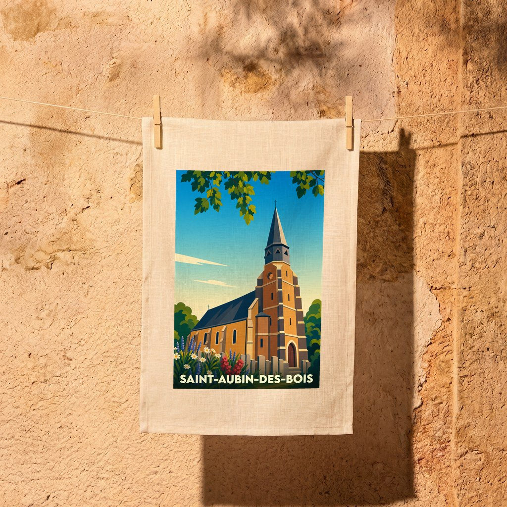 Torchon souvenir de la ville de Saint-Aubin-des-Bois avec une illustration stylisée de son église.