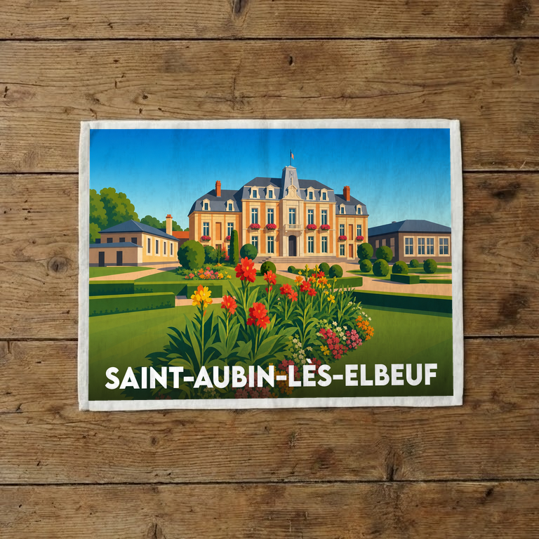 Torchon souvenir de la ville de Saint-Aubin-lès-Elbeuf illustrant son hôtel de ville et ses jardins dans un style rétro.
