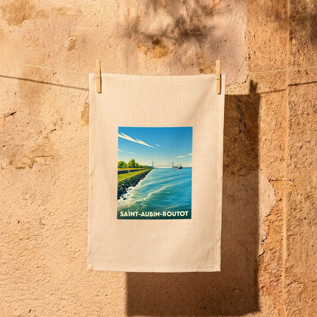 Torchon souvenir de la ville de Saint-Aubin-Routot illustré d'une vue stylisée sur l'eau et un pont suspendu.