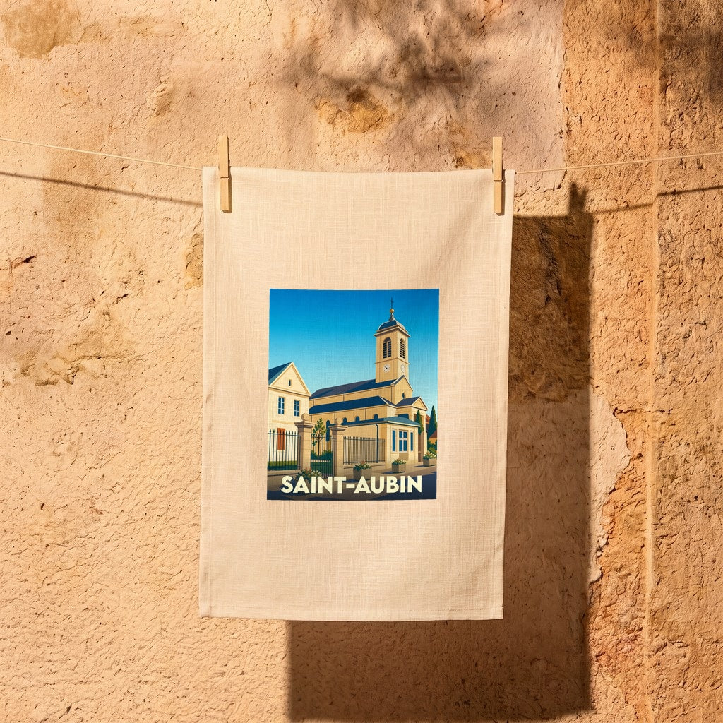 Torchon souvenir de la ville de Saint-Aubin avec une illustration stylisée de son église.