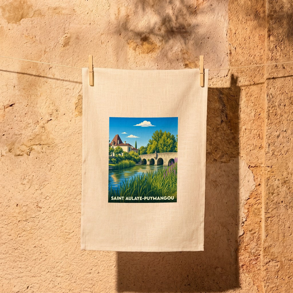 Torchon souvenir de Saint-Aulaye-Puymangou illustré d'un paysage stylisé avec rivière et château.
