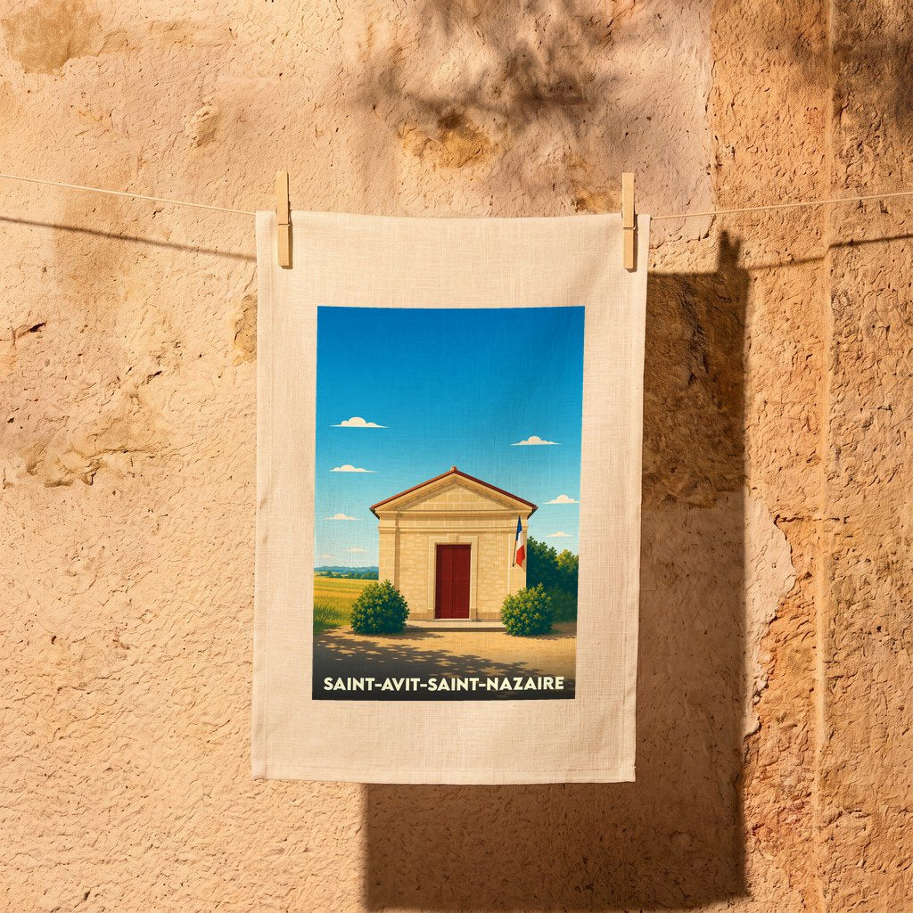 Torchon souvenir de la ville de Saint-Avit-Saint-Nazaire avec une illustration stylisée d'un bâtiment local.