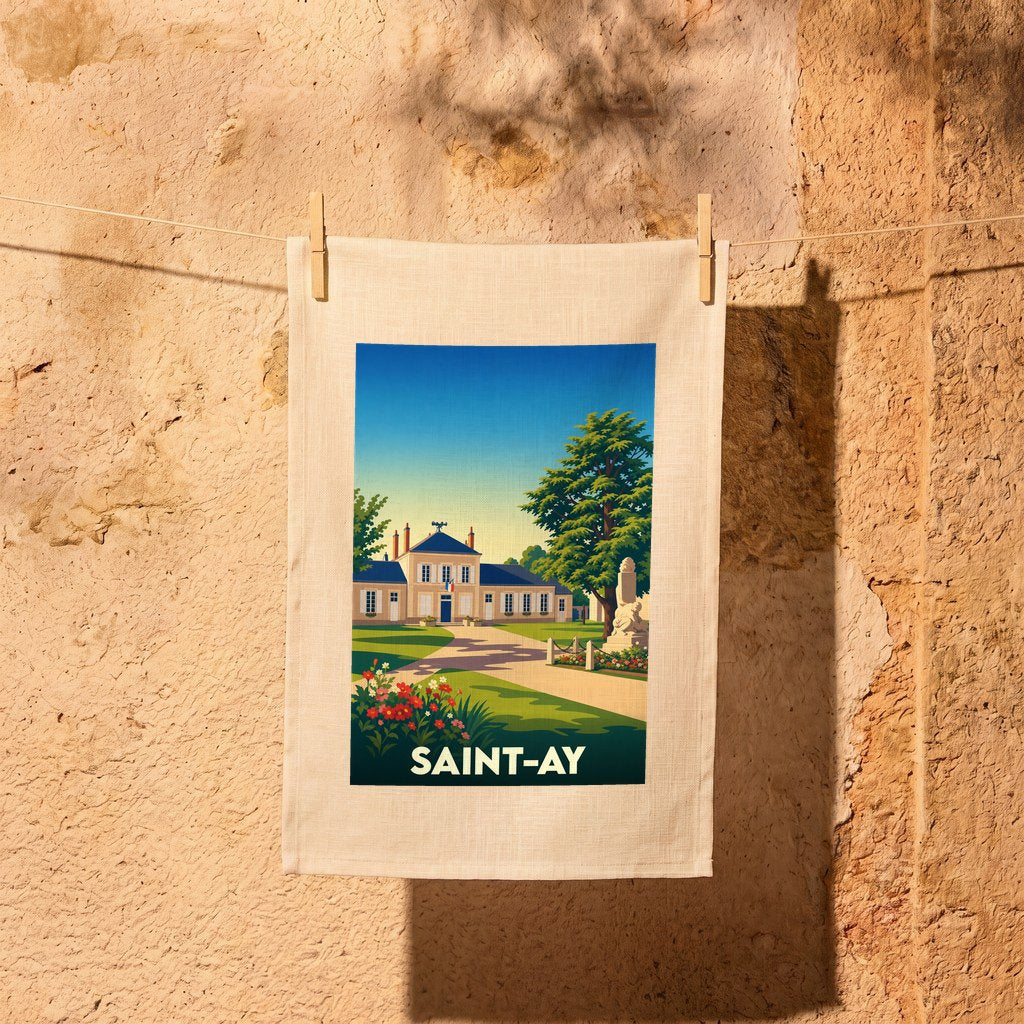Torchon souvenir de la ville de Saint-Ay avec une illustration stylisée d'une demeure bourgeoise.
