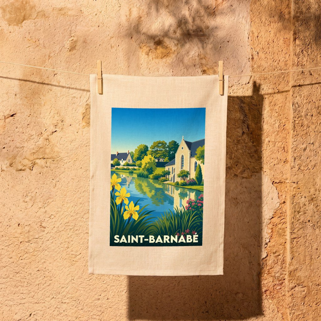 Torchon souvenir de la ville de Saint-Barnabé avec une illustration stylisée d'un paysage fluvial.