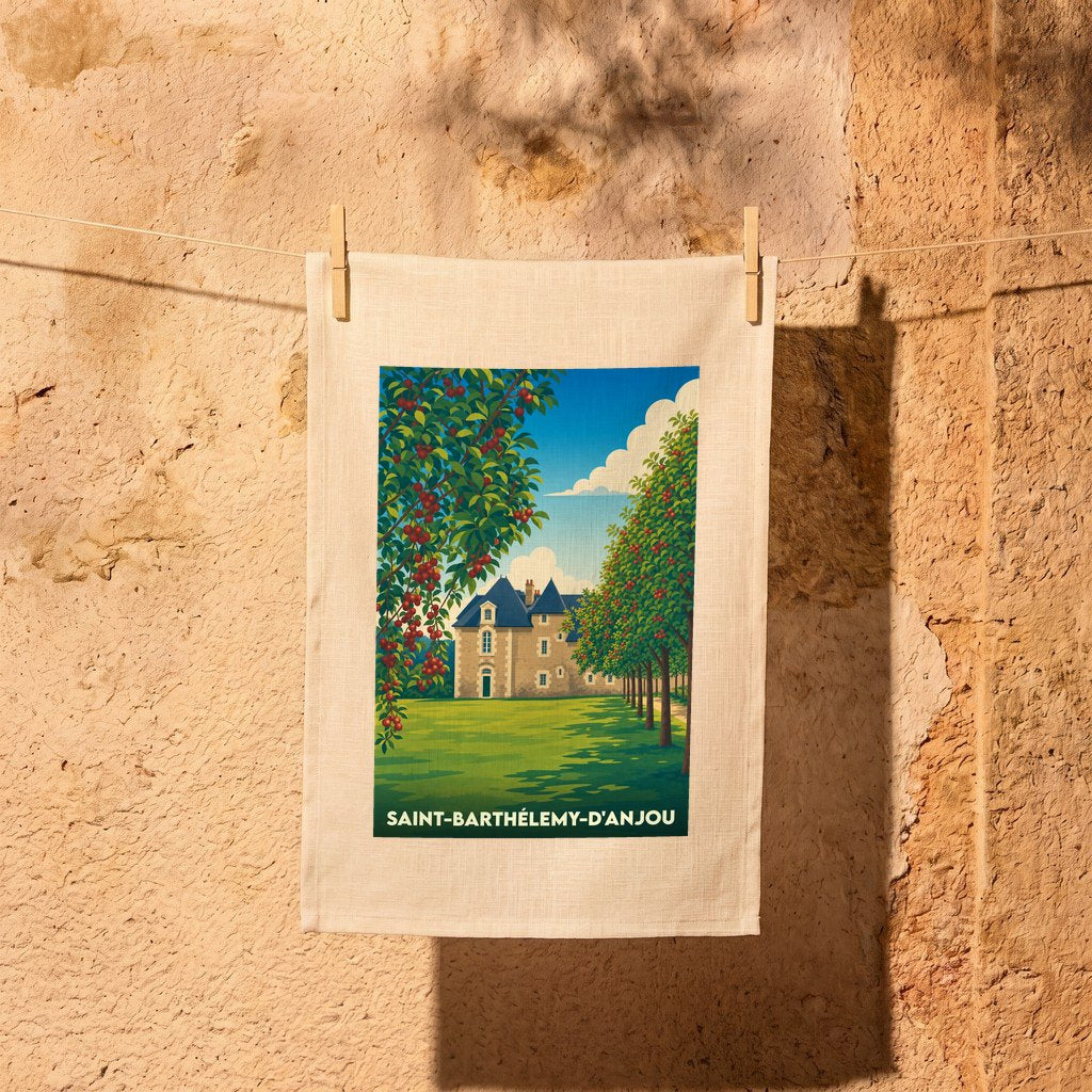 Torchon souvenir de la ville de Saint-Barthélemy-d'Anjou avec une illustration stylisée d'un domaine arboré.