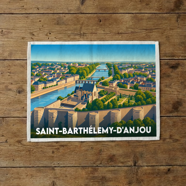 Torchon souvenir de la ville de Saint-Barthélemy-d'Anjou avec une illustration stylisée de son patrimoine architectural et de la Maine.