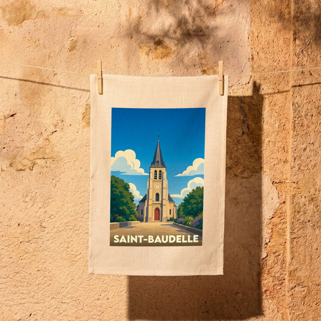 Torchon souvenir de la ville de Saint-Baudelle avec une illustration stylisée de son église.