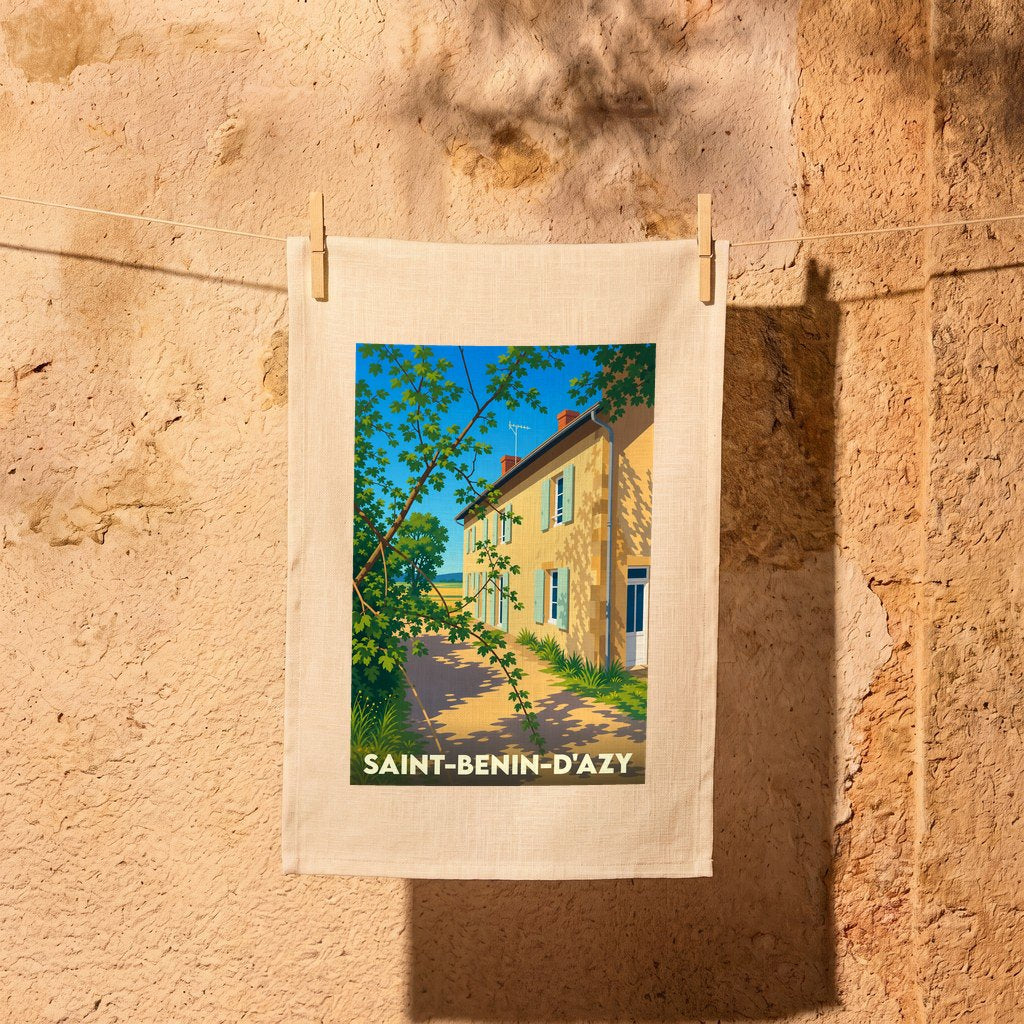 Torchon souvenir de la ville de Saint-Benin-d'Azy avec une illustration stylisée d'une maison ensoleillée.