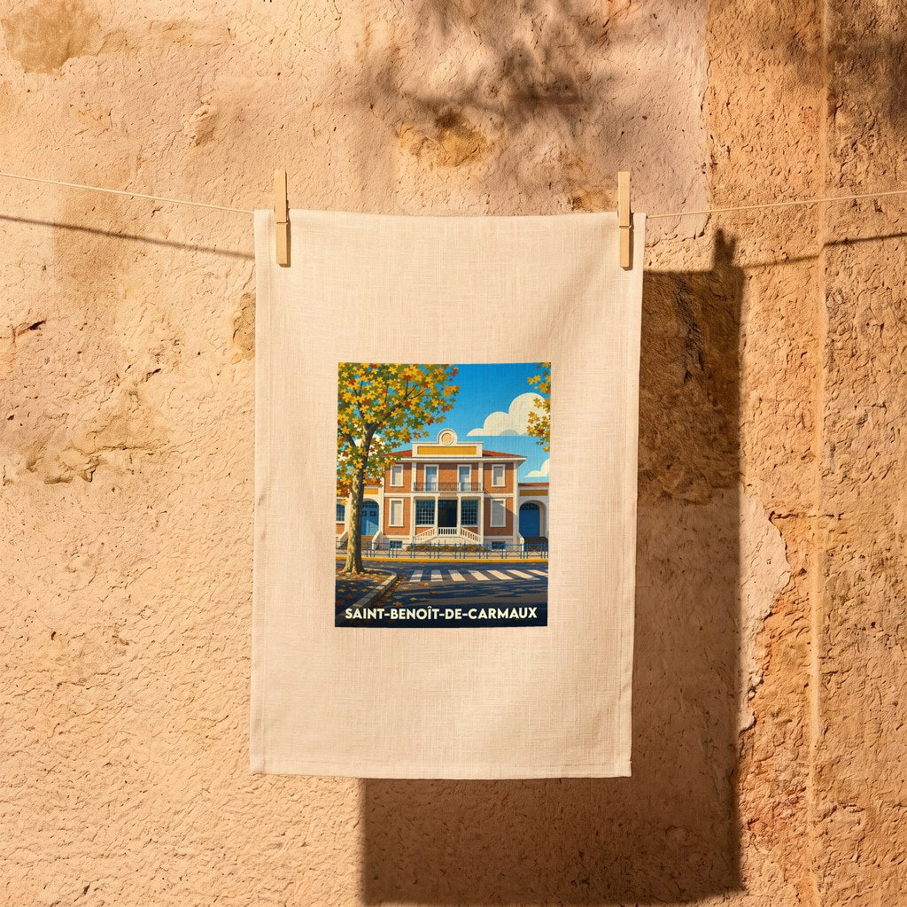 Torchon souvenir de la ville de Saint-Benoît-de-Carmaux avec une illustration stylisée.