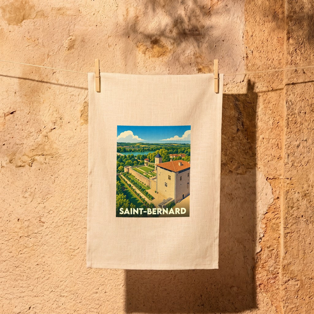 Torchon souvenir de la ville de Saint-Bernard avec une illustration stylisée de son château.