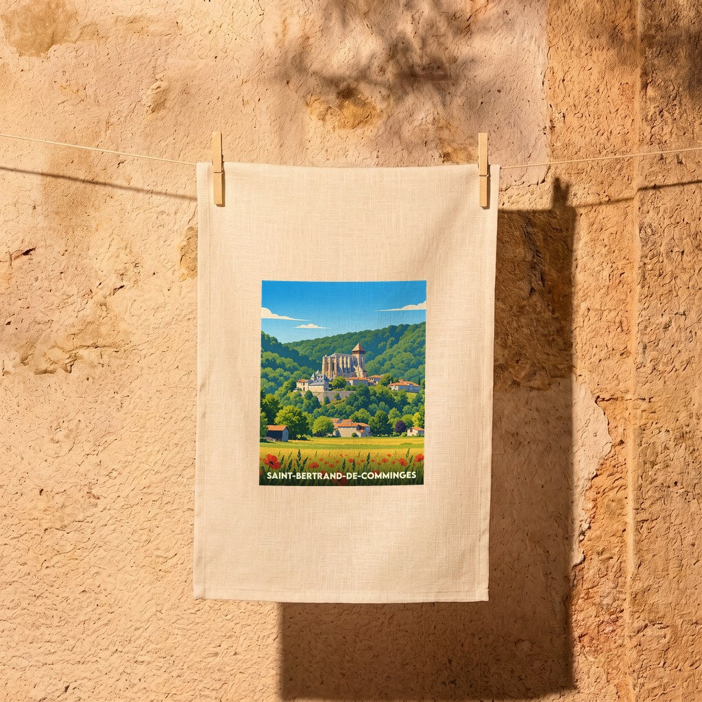 Torchon souvenir de la ville de Saint-Bertrand-de-Comminges avec une illustration stylisée de sa cathédrale nichée dans un paysage verdoyant.