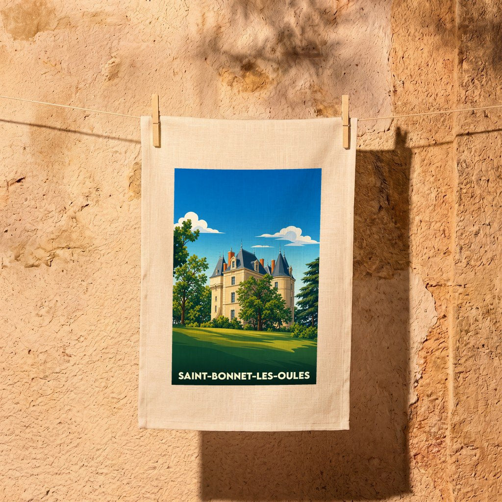 Torchon souvenir de la ville de Saint-Bonnet-les-Oules avec une illustration stylisée de son château.