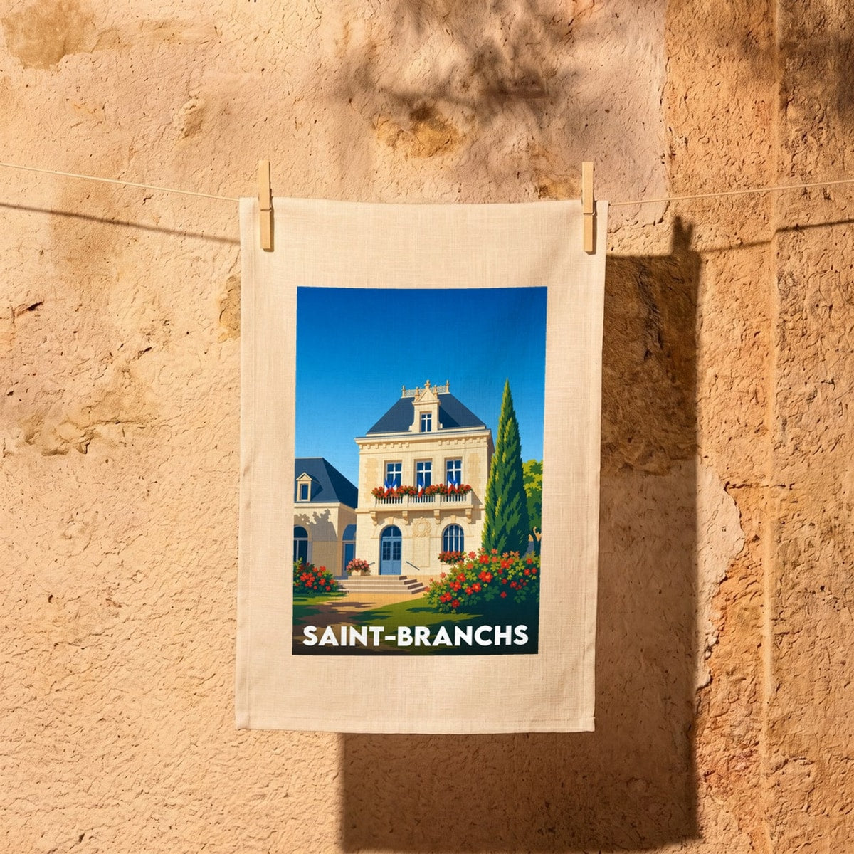 Torchon souvenir de la ville de Saint-Branchs avec une illustration stylisée.