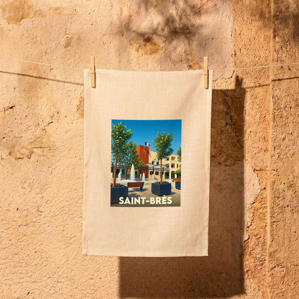Torchon souvenir de la ville de Saint-Brès avec une illustration stylisée de sa place principale.