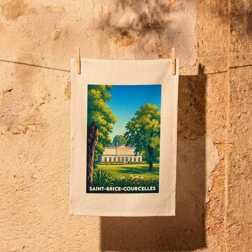 Torchon souvenir de la ville de Saint-Brice-Courcelles avec une illustration stylisée.