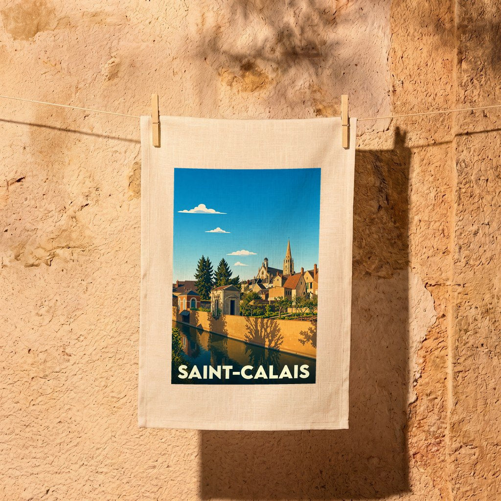 Torchon souvenir de la ville de Saint-Calais avec une illustration stylisée d'un paysage urbain au bord de l'eau.
