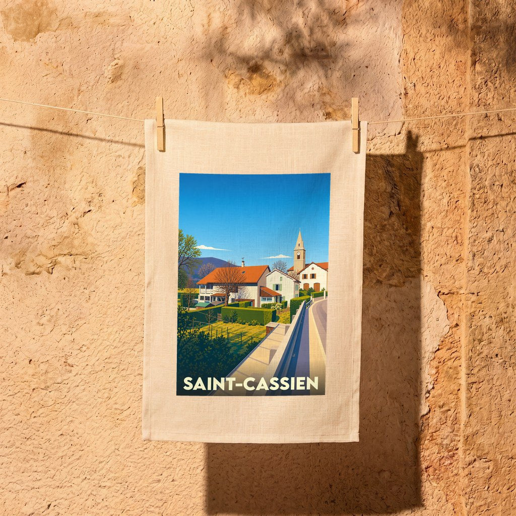Torchon souvenir de la ville de Saint-Cassien illustré d'un paysage urbain stylisé.