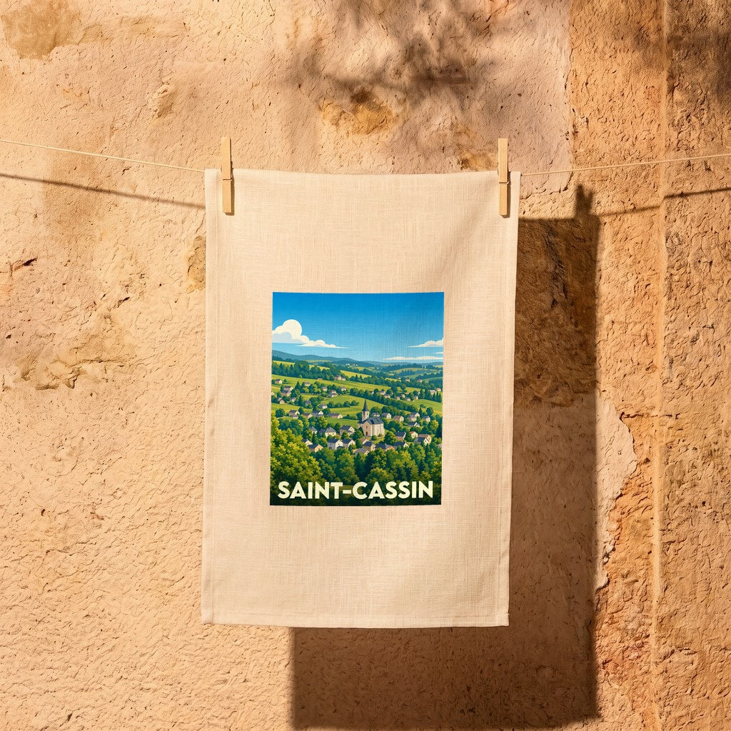 Torchon souvenir de la ville de Saint-Cassin avec une illustration stylisée d'un paysage vallonné.